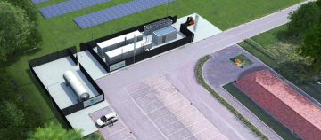 Impressie van de elektrolyzer die in 2023 in Nieuwegein wordt geplaatst voor de productie van groene waterstof